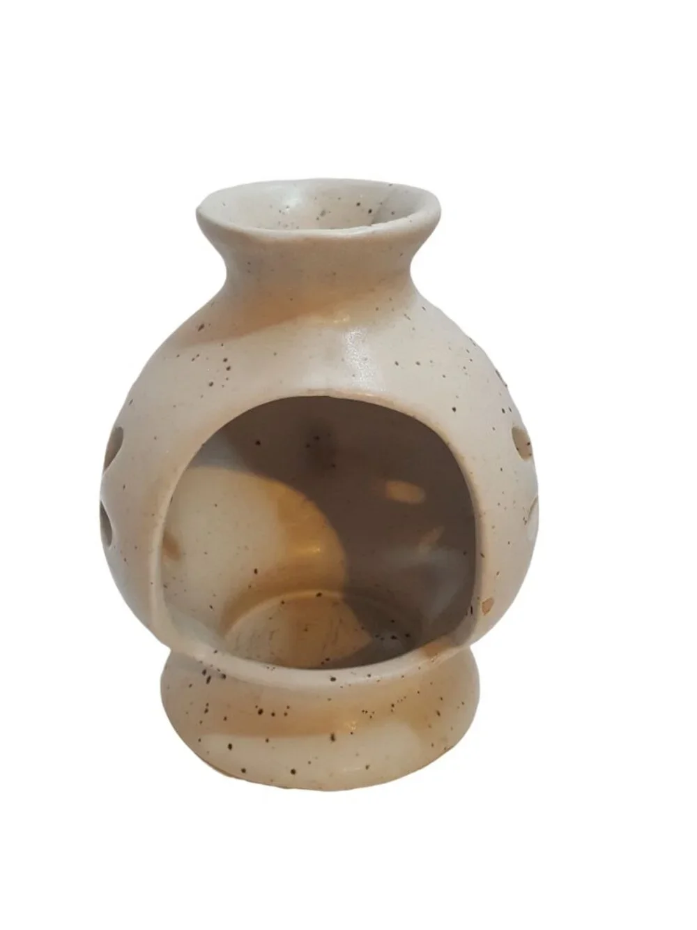Vintage Brown Speckled Pottery Chamber Candle Holder Rustic Farmhouse Stoneware